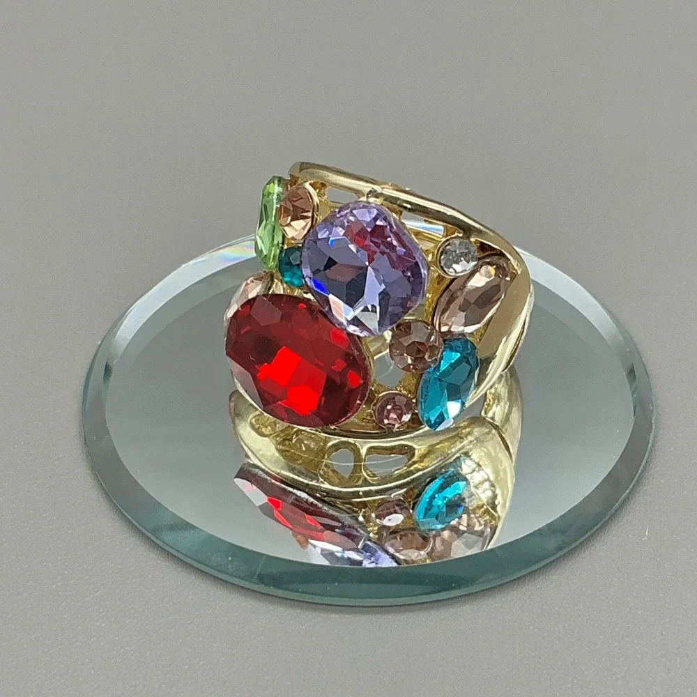 Ring Women Gold Tone Multi Color Crystal Bold Statement Stretch Band Size 8